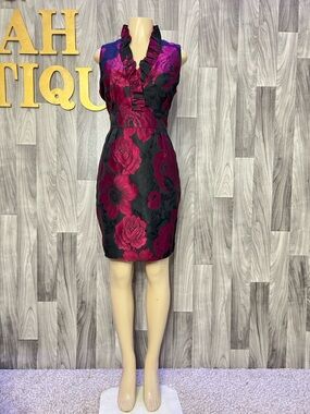Jessica Howard Black Dress with Fuchsia Floral Jacquard and Ruffle Collar